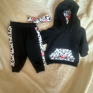 Girls leopard 3pcs joggers, hoodie, headband 6-12months S